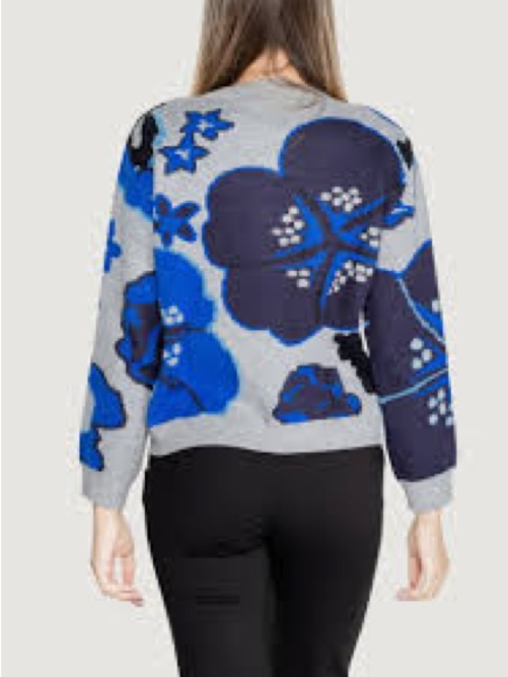 Desigual Gray Crewneck Sweater with Bold Blue Floral Motif - Picture 2 of 9